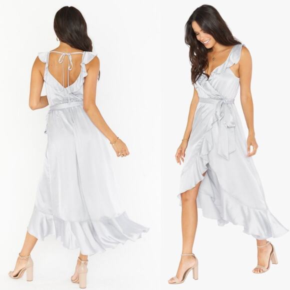 Show Me Your Mumu Samantha Ruffle Wrap Silver Luxe Satin Sz S - Picture 2 of 5